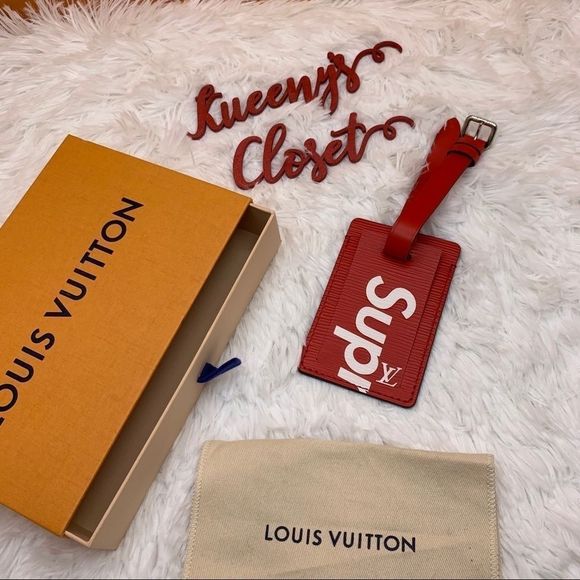 ❌❌ Authentic Louis Vuitton x SUPREME red Epi leather luggage bag tag LV LE - Picture 2 of 6